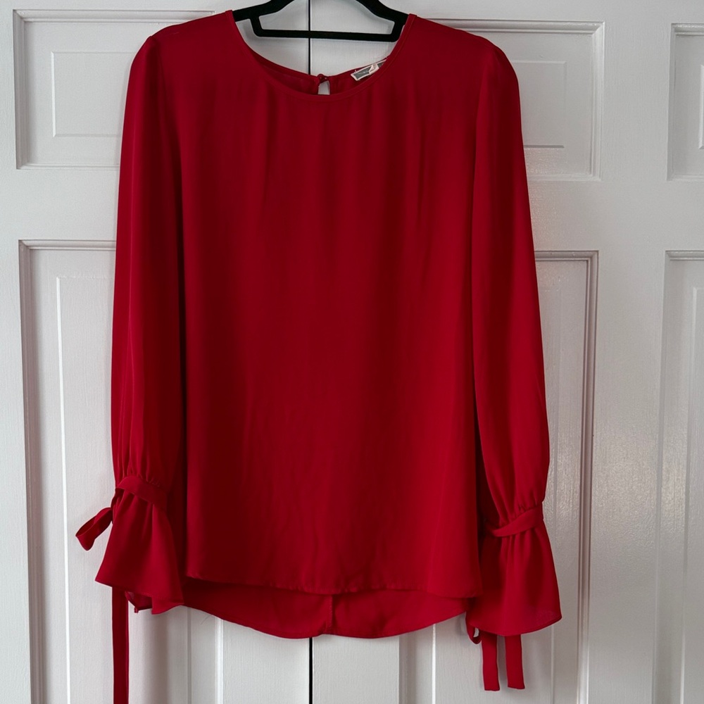 Pleione Red Flowy Blouse Statement Tie Ruffle Sleeves Bow Crew Neck Size Medium